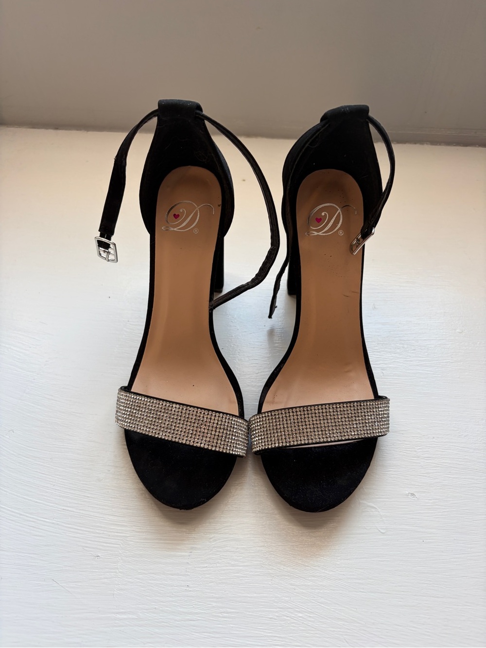 Windsor Black Ankle-Strap Heels with Rhinestone Front Band